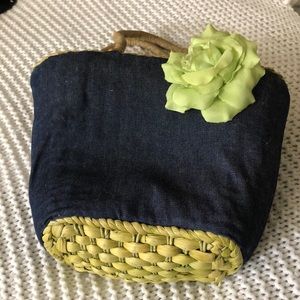 Cute straw bag with denim and green accents